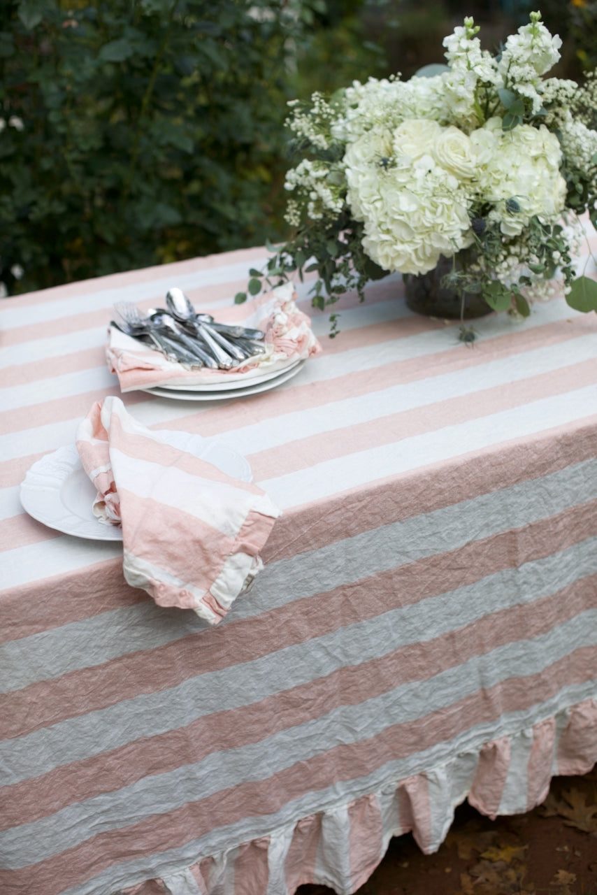 Vintage French Rose Stripe Flax Linen Ruffled Tablecloth