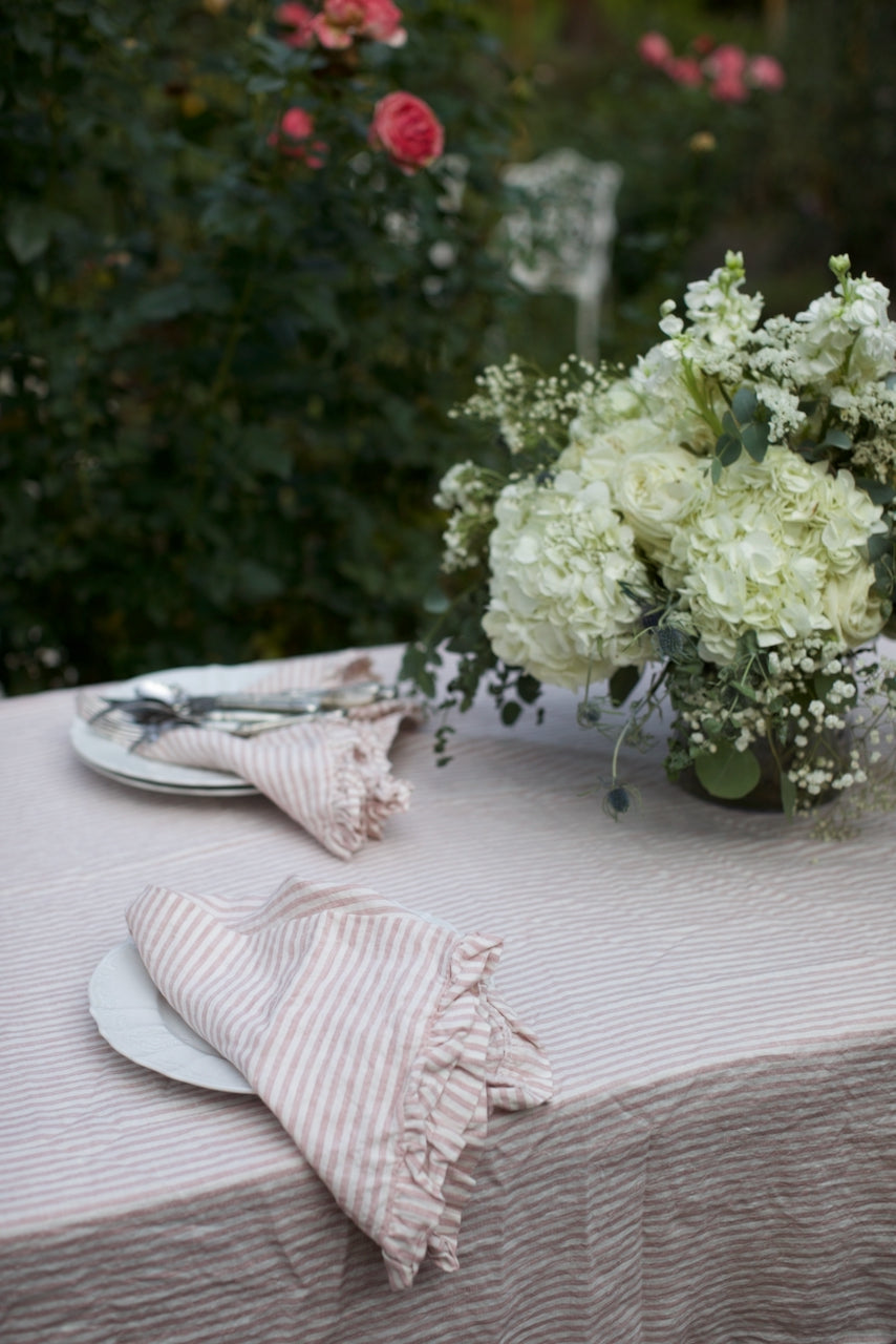 Vintage Blossom Ticking Stripe Linen Ruffled Tablecloth