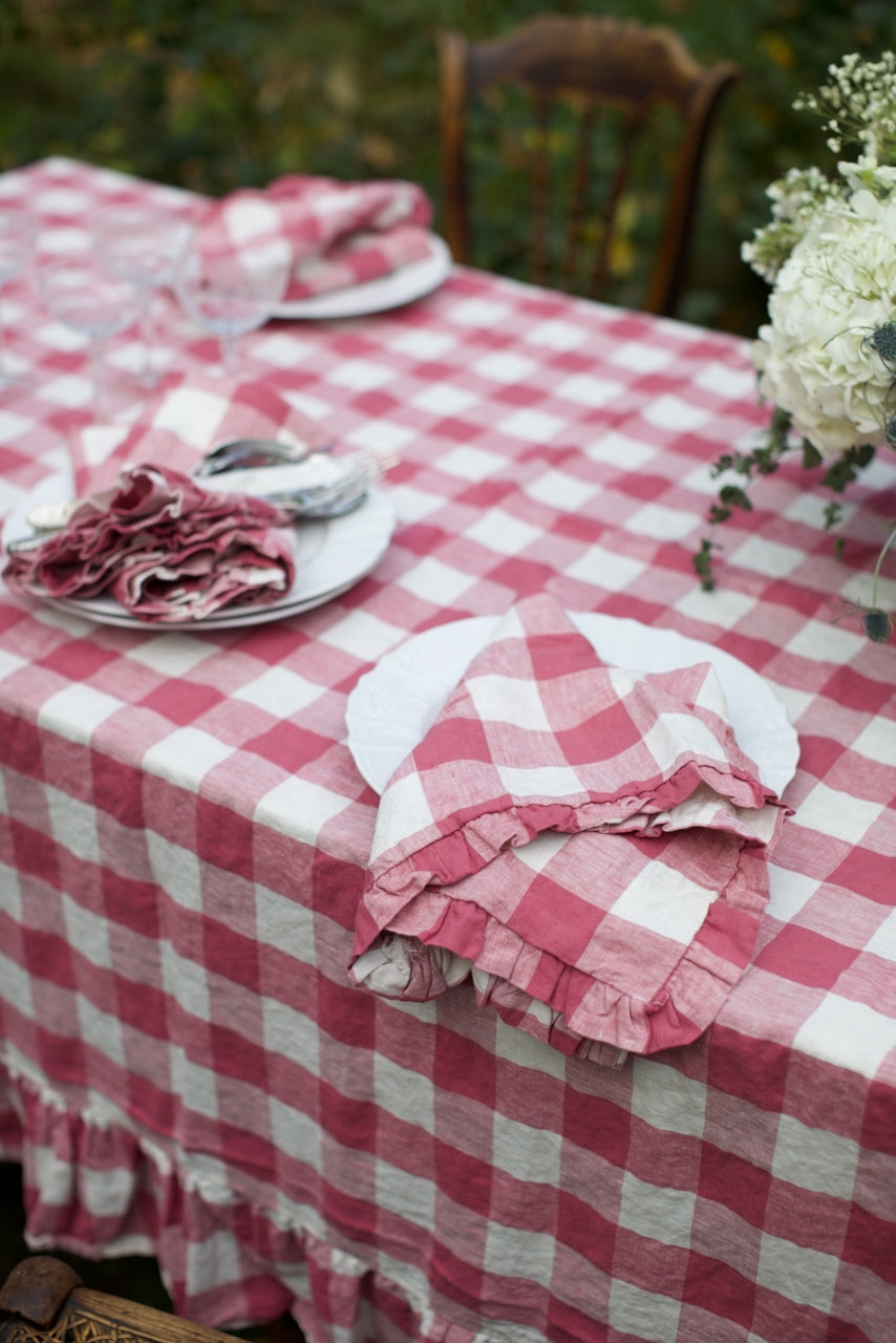 Vintage French Raspberry Check Ruffled Linen Tablecloth