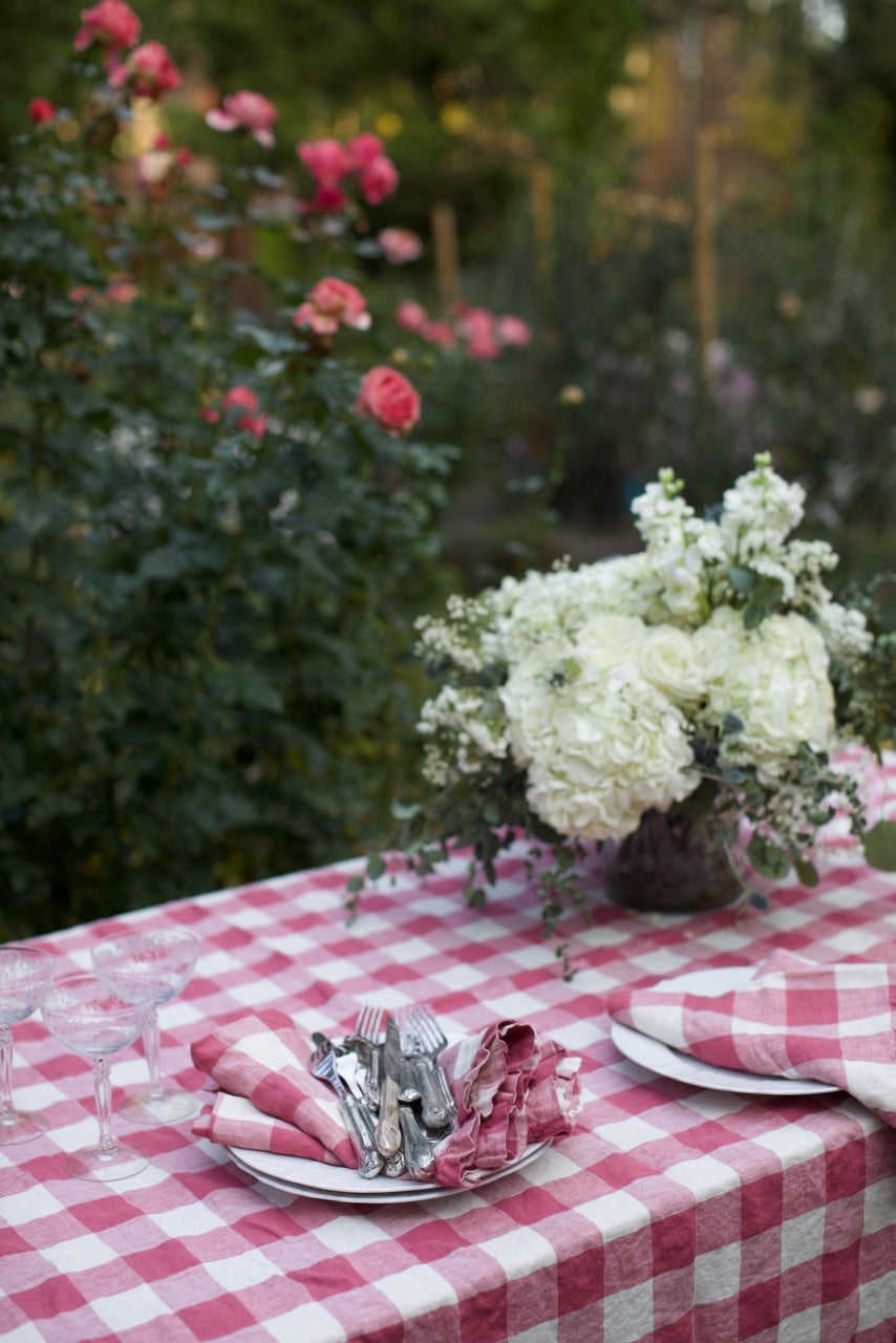 Vintage French Raspberry Check Ruffled Linen Tablecloth