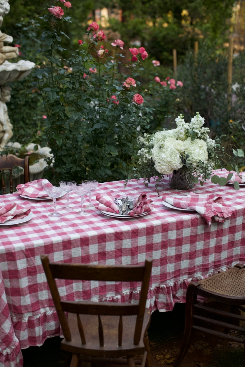Vintage French Raspberry Check Ruffled Linen Tablecloth