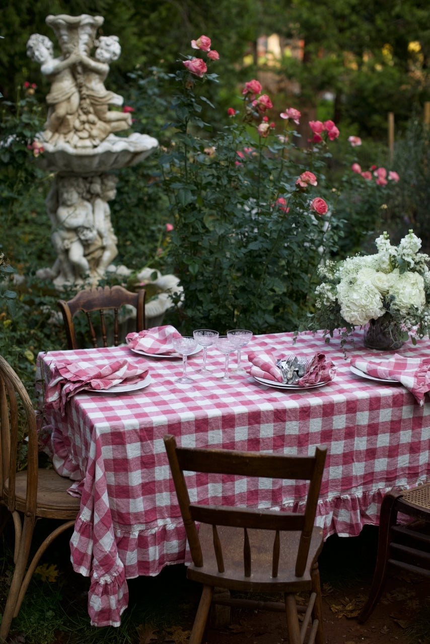 Vintage French Raspberry Check Ruffled Linen Tablecloth