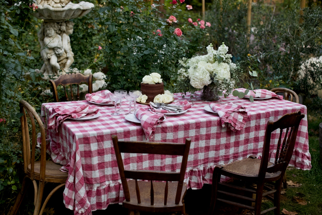 Vintage French Raspberry Check Ruffled Linen Tablecloth