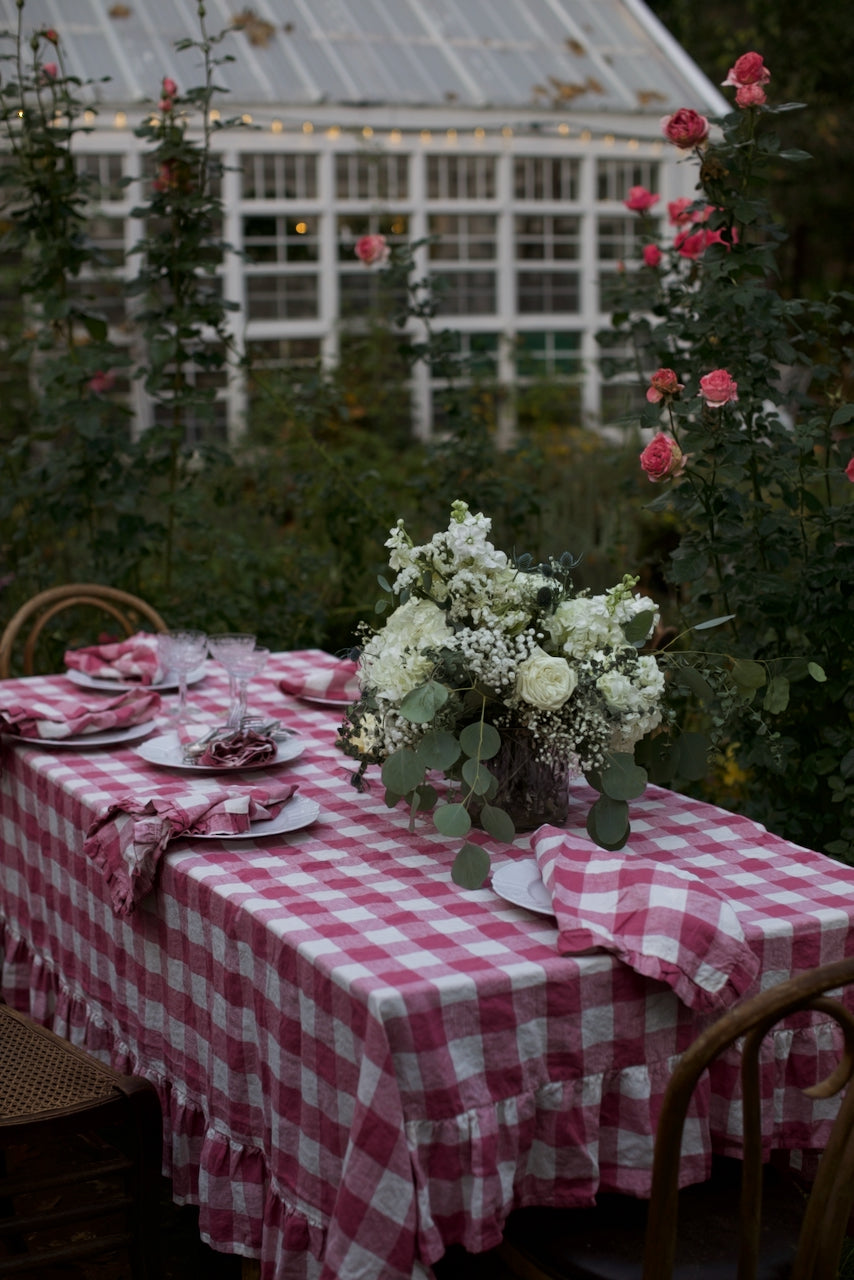 Vintage French Raspberry Check Ruffled Linen Tablecloth