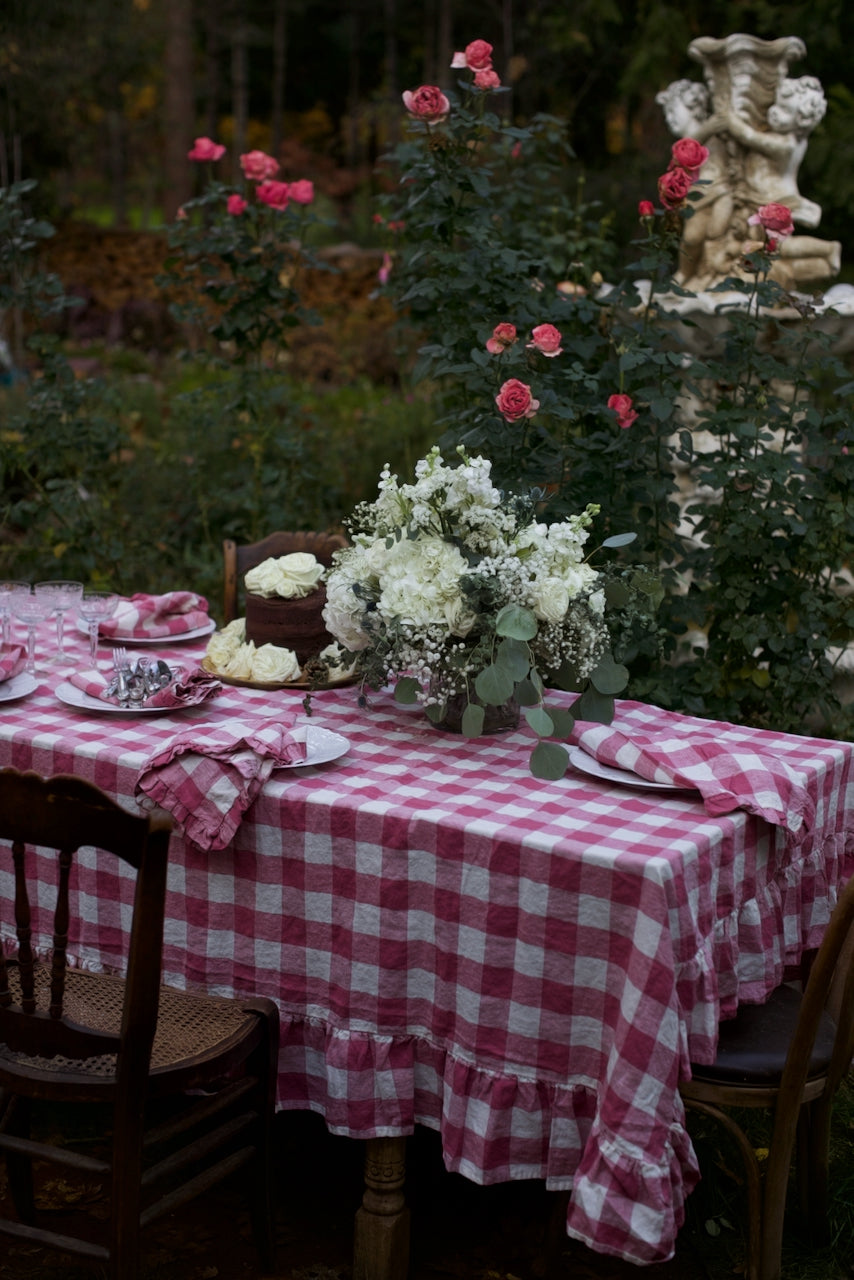 Vintage French Raspberry Check Ruffled Linen Tablecloth