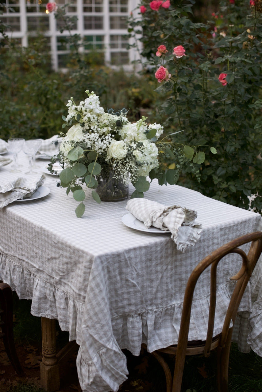 Vintage Dove Gingham Ruffled Linen Tablecloth