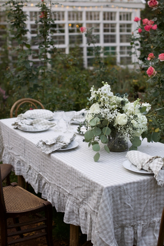 Vintage Dove Gingham Ruffled Linen Tablecloth