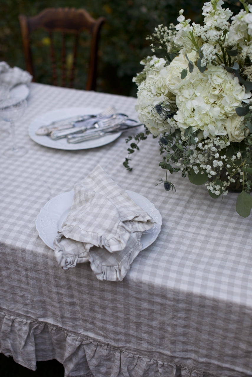 Vintage Dove Gingham Ruffled Linen Tablecloth