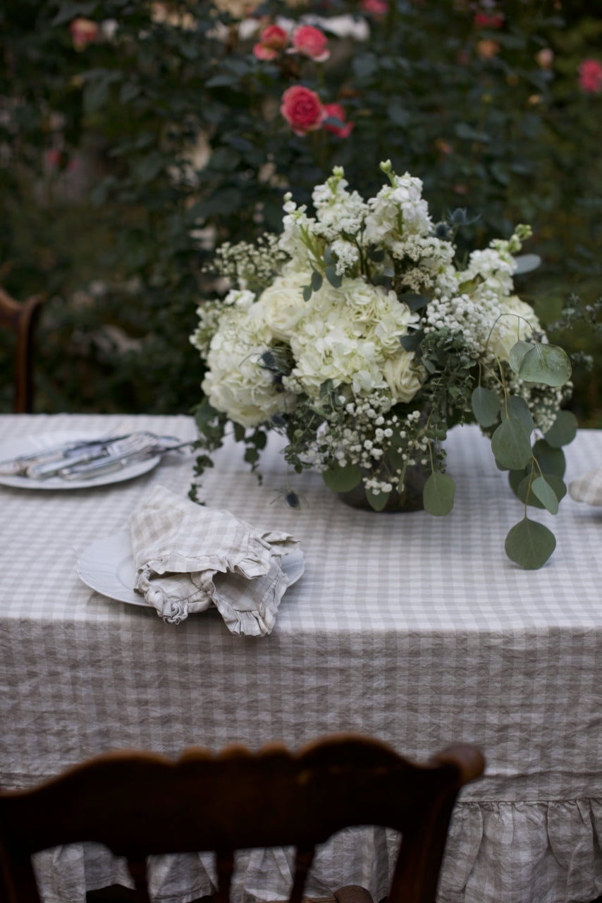 Vintage Dove Gingham Ruffled Linen Tablecloth