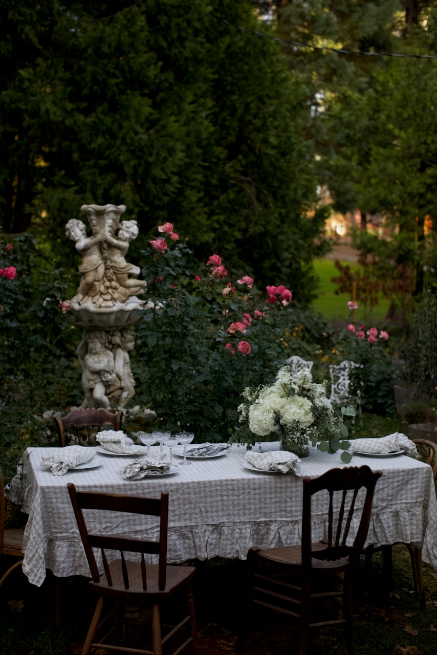 Vintage Dove Gingham Ruffled Linen Tablecloth