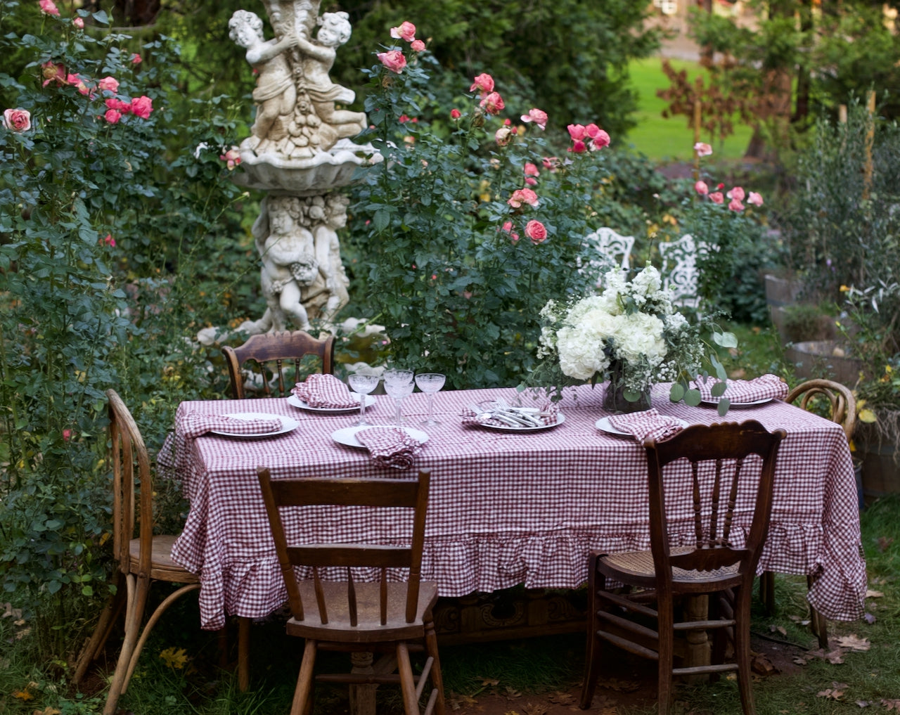 Mulberry Gingham Ruffled Linen Tablecloth