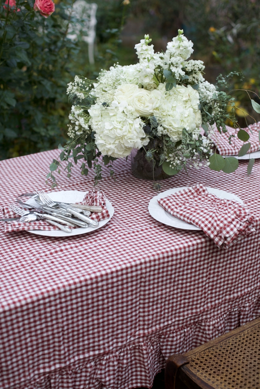 Mulberry Gingham Ruffled Linen Tablecloth