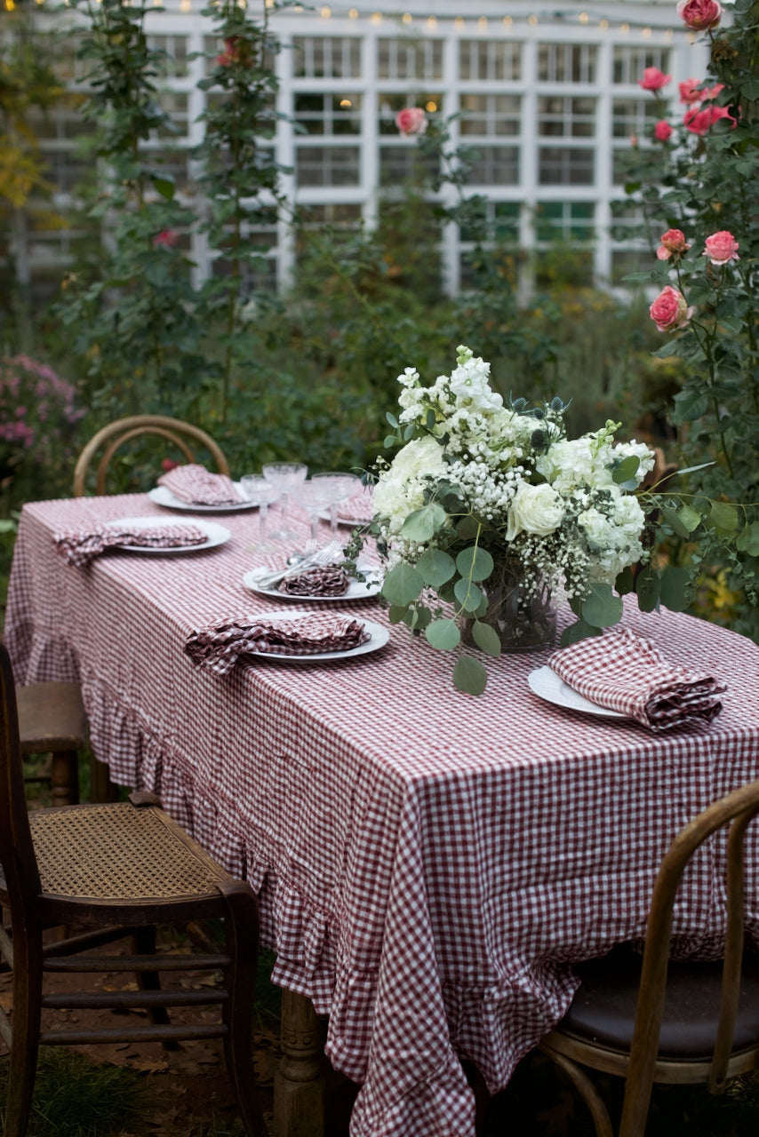 Mulberry Gingham Ruffled Linen Tablecloth