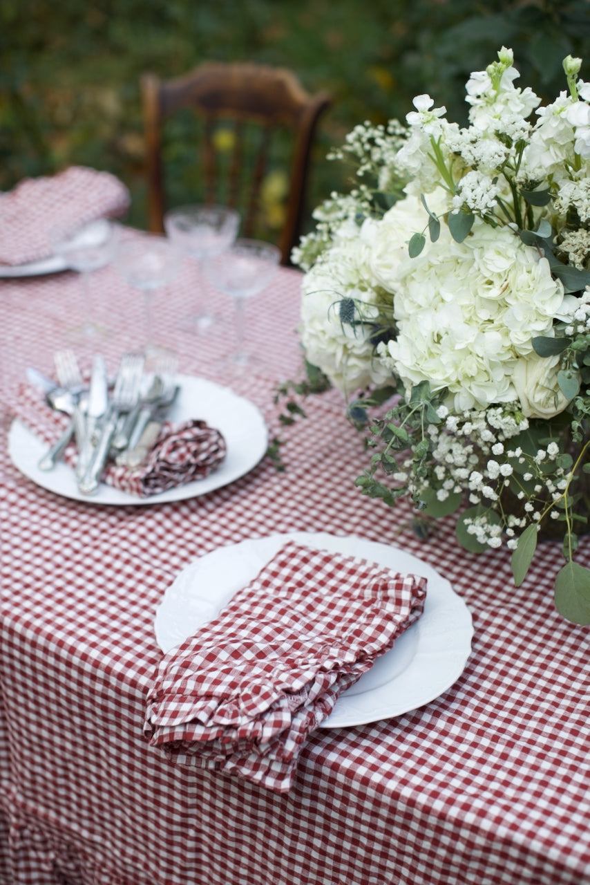 Mulberry Gingham Ruffled Linen Tablecloth