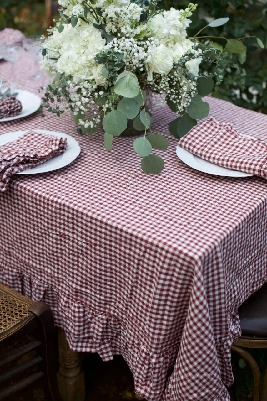 Mulberry Gingham Ruffled Linen Tablecloth