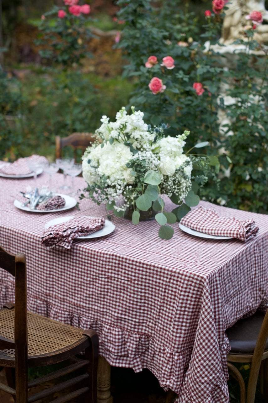 Mulberry Gingham Ruffled Linen Tablecloth