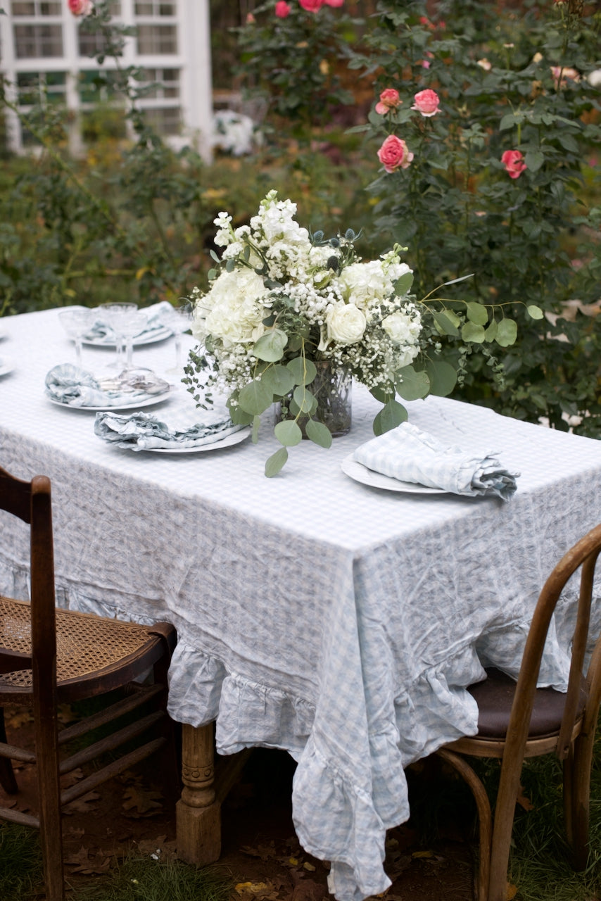 Vintage French Blue Gingham Ruffled Linen Tablecloth