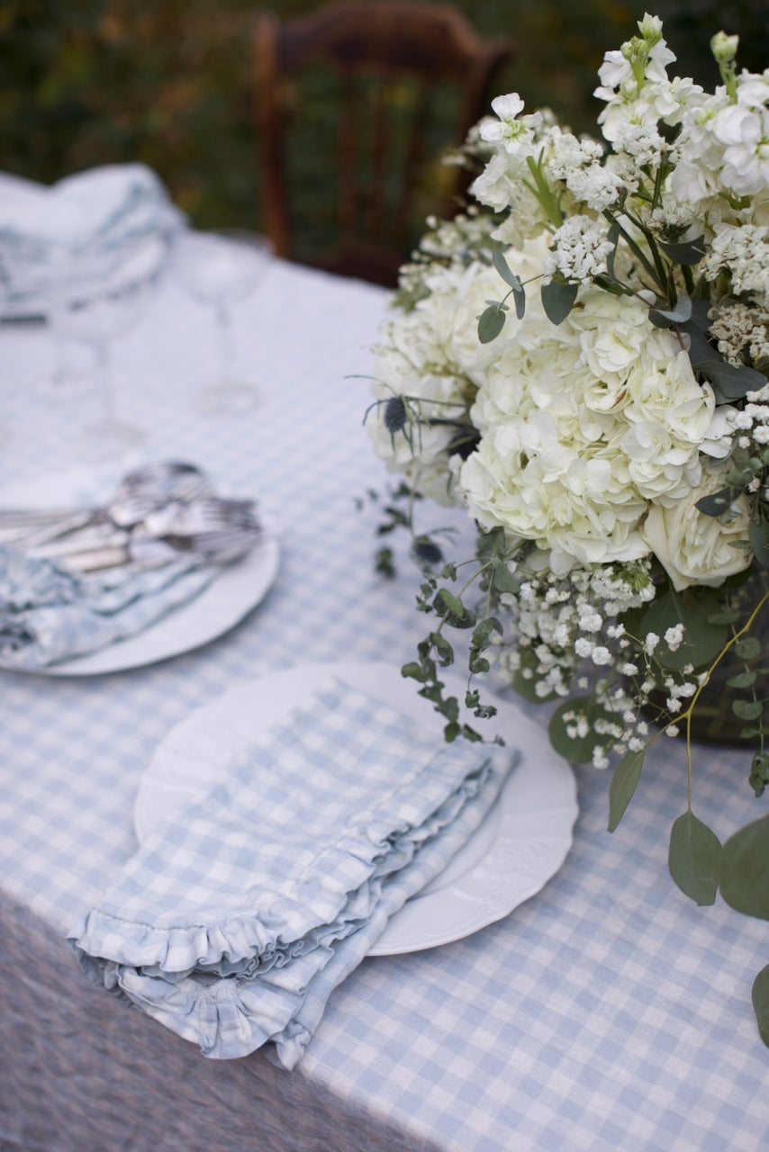 Vintage French Blue Gingham Ruffled Linen Tablecloth