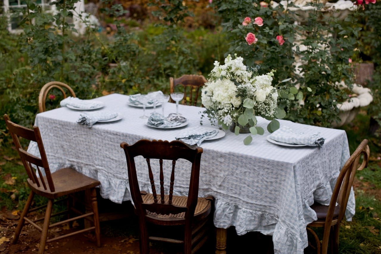 Vintage French Blue Gingham Ruffled Linen Tablecloth