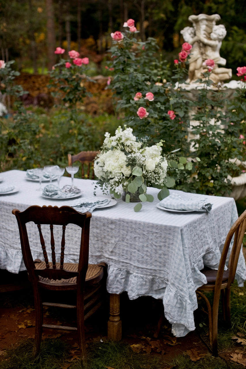 Vintage French Blue Gingham Ruffled Linen Tablecloth