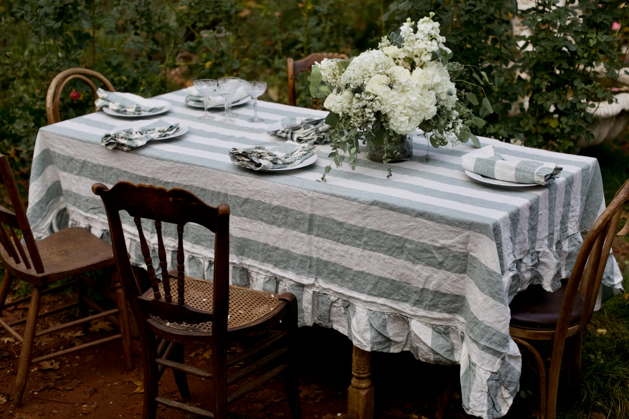 Vintage Sage Stripe Flax Linen Ruffled Tablecloth