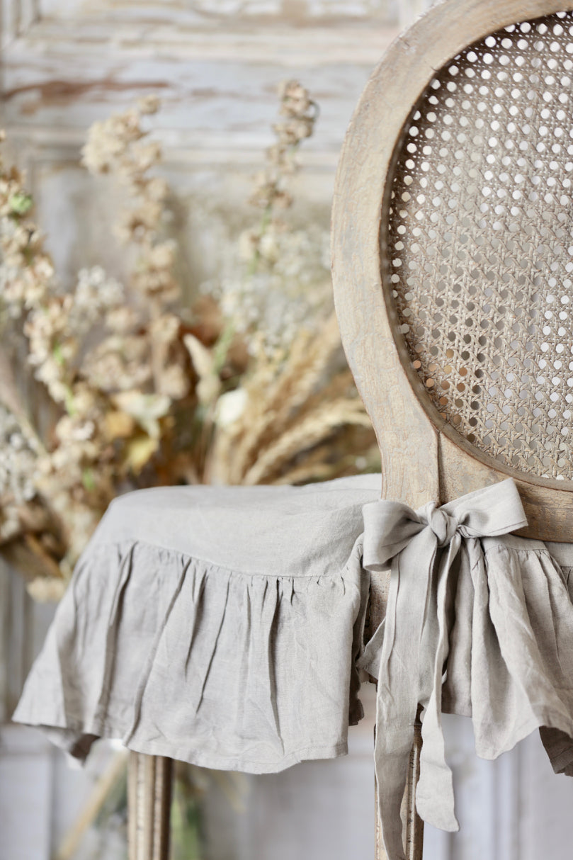 Ruffled Natural French Linen Chair Slipcover