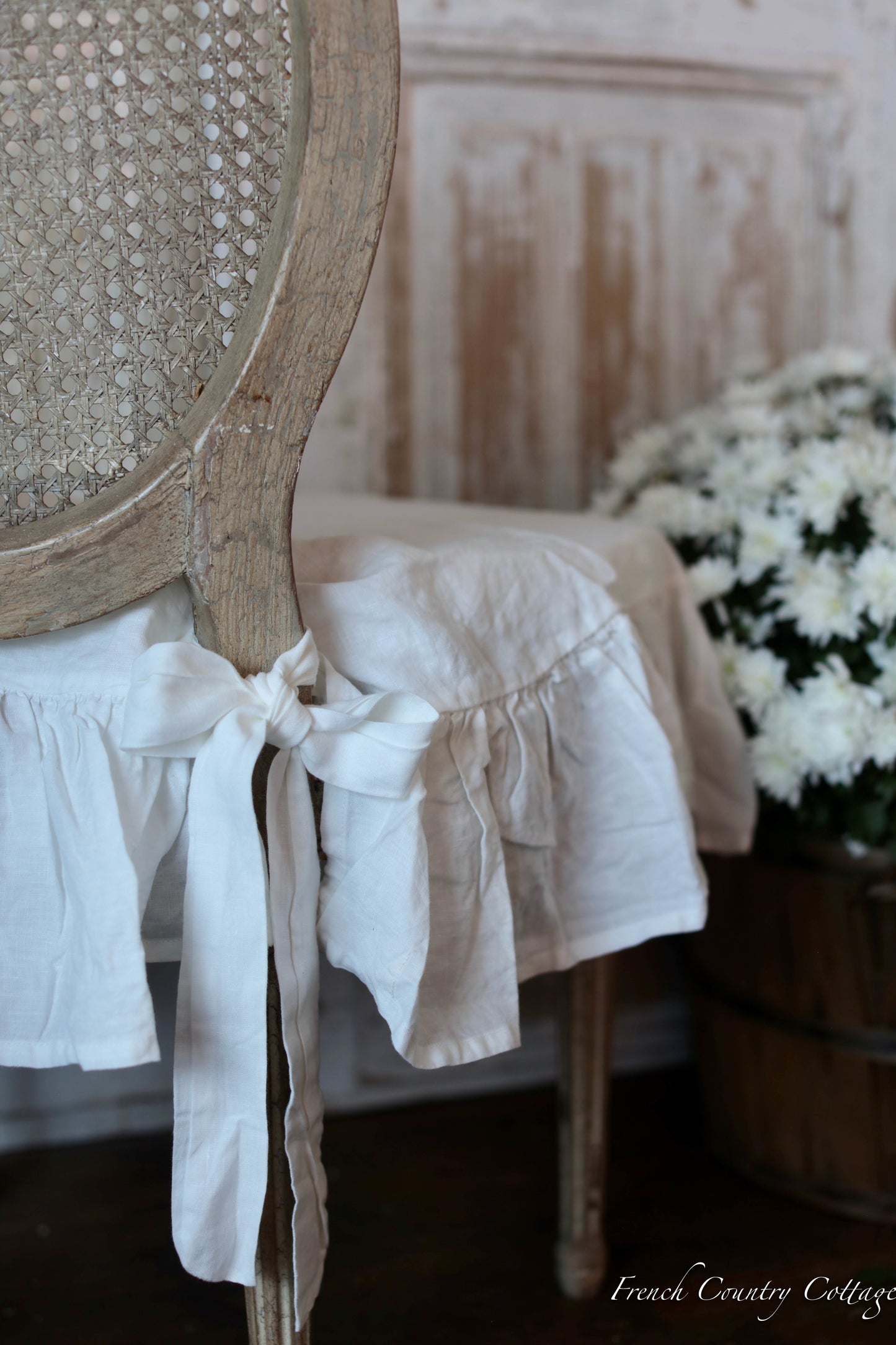 Ruffled French Linen Chair Slipcover- ANTIQUE WHITE