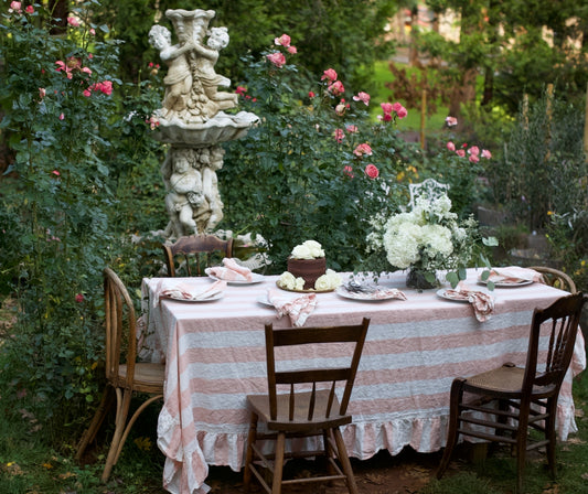 Vintage French Rose Stripe Flax Linen Ruffled Tablecloth
