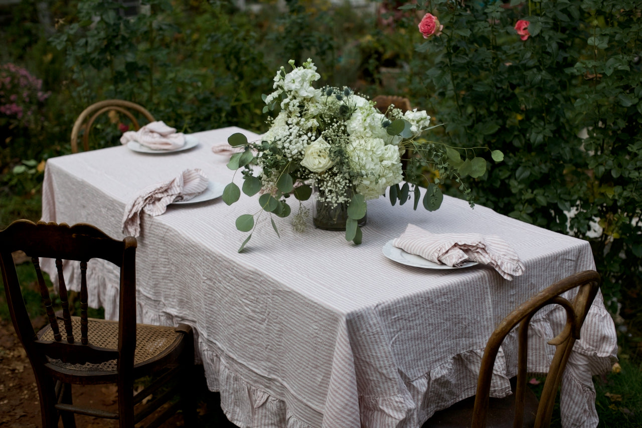 Vintage Blossom Ticking Stripe Linen Ruffled Tablecloth