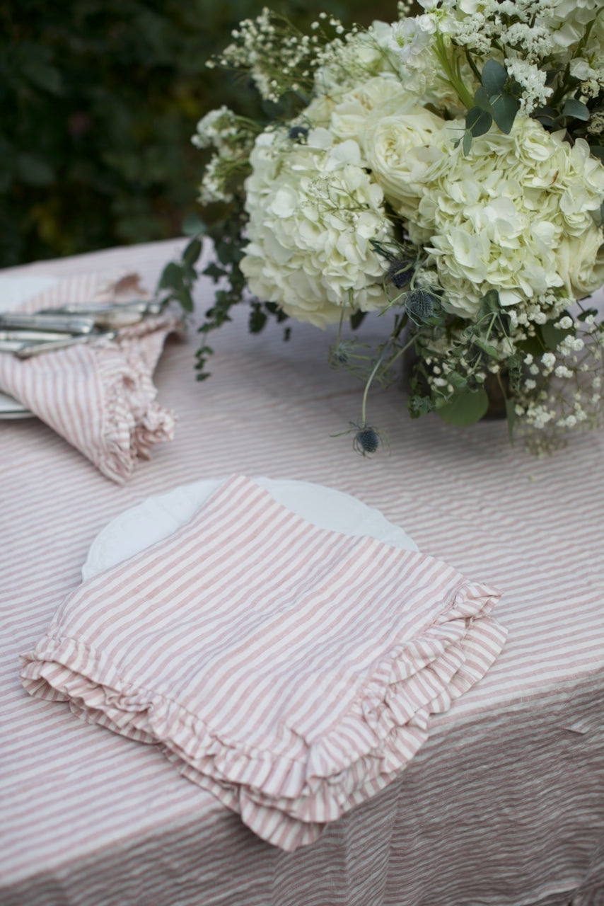Vintage Blossom Ticking Stripe Linen Ruffled Tablecloth