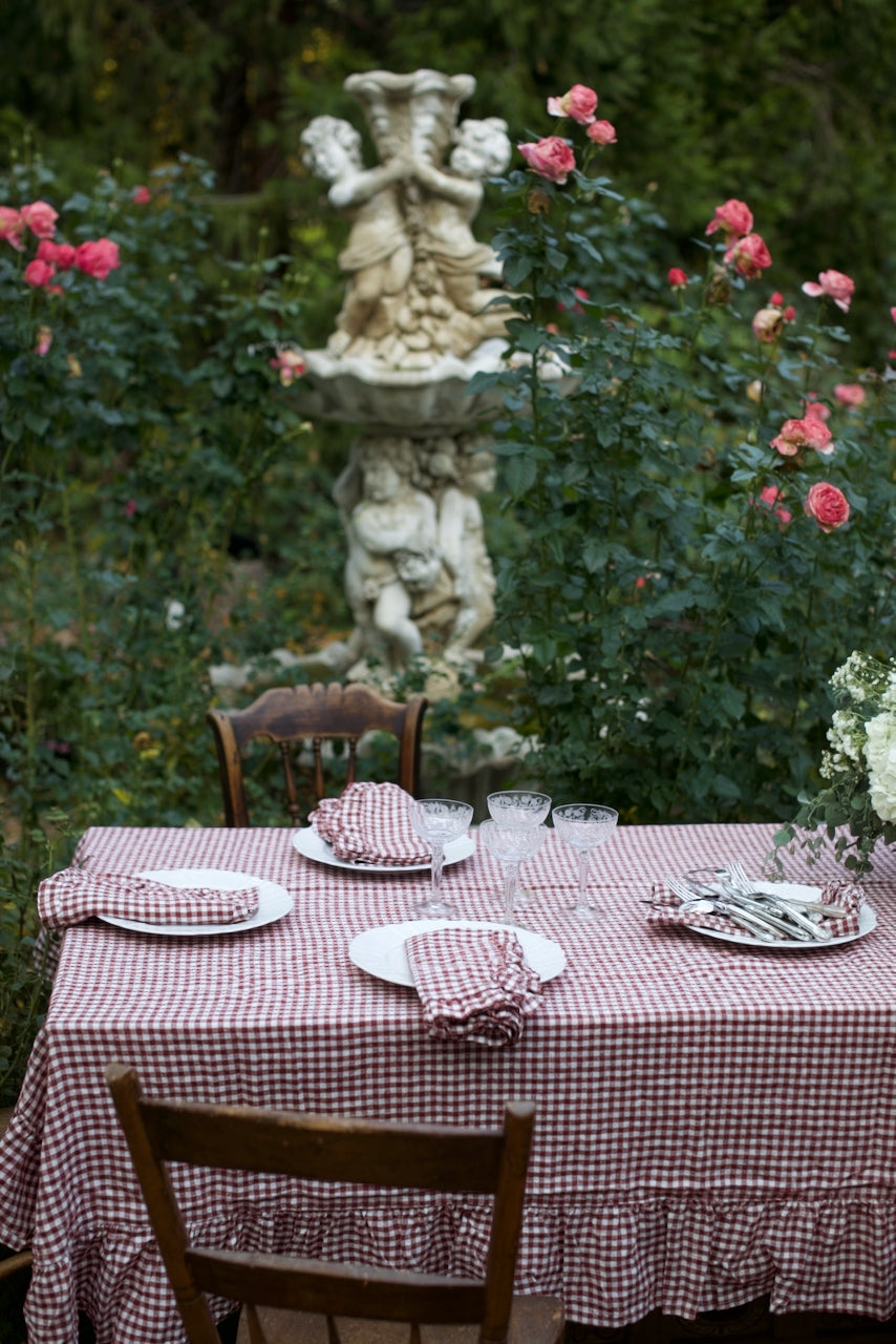 Mulberry Gingham Ruffled Linen Tablecloth