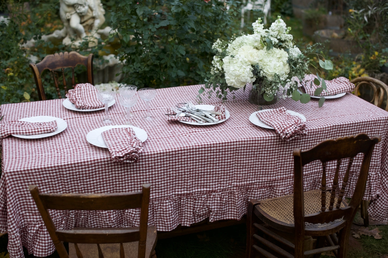 Mulberry Gingham Ruffled Linen Tablecloth