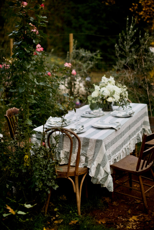 Vintage Sage Stripe Flax Linen Ruffled Tablecloth