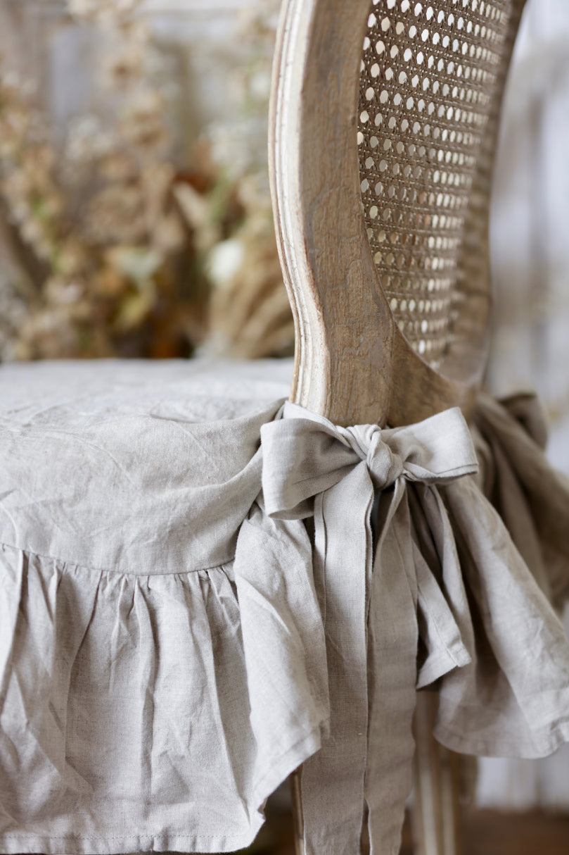 Ruffled Natural French Linen Chair Slipcover