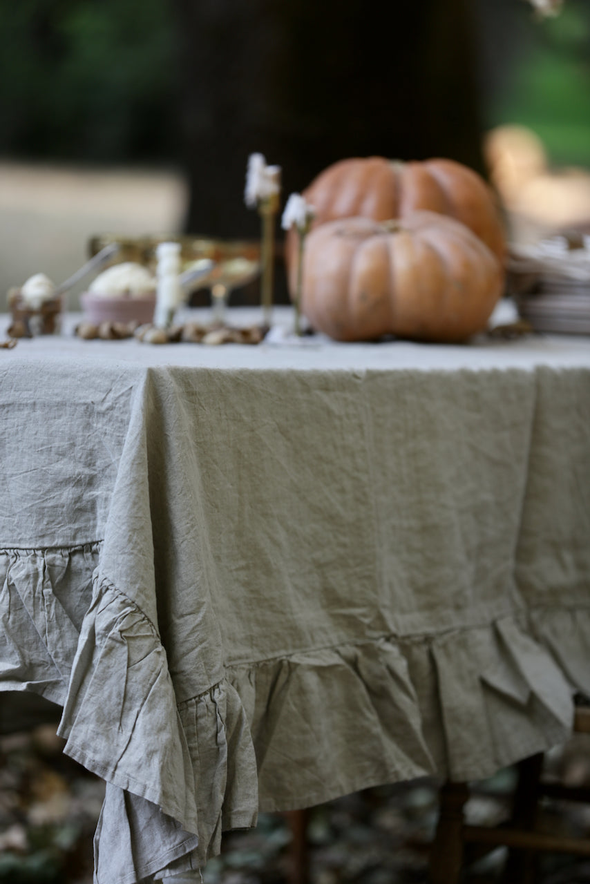 French Cottage Natural Linen Ruffled Tablecloth