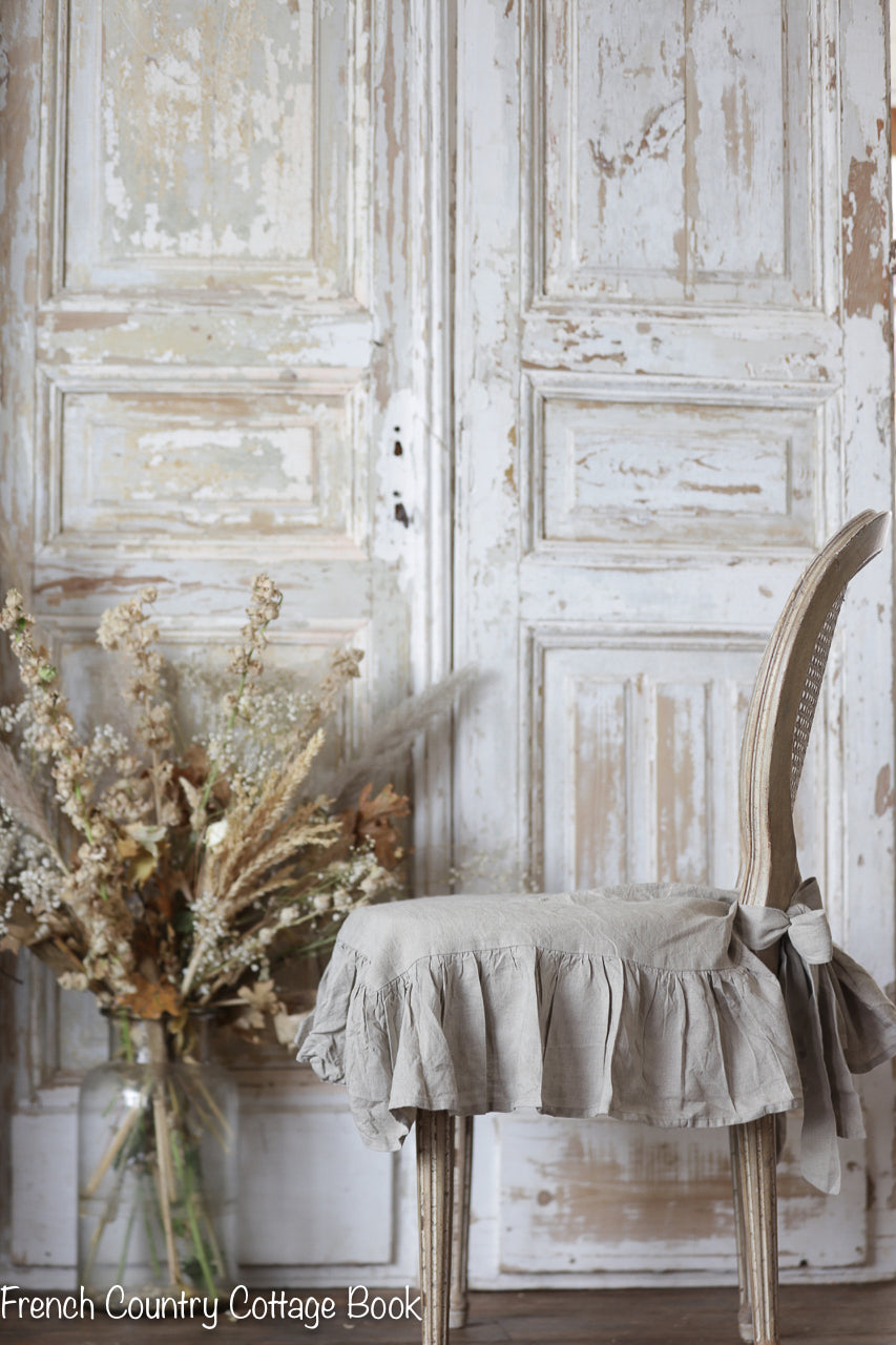 Ruffled Natural French Linen Chair Slipcover