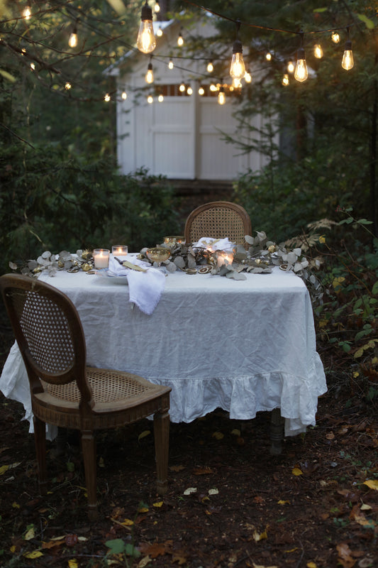 French Cottage Antique White Linen Ruffled Tablecloth
